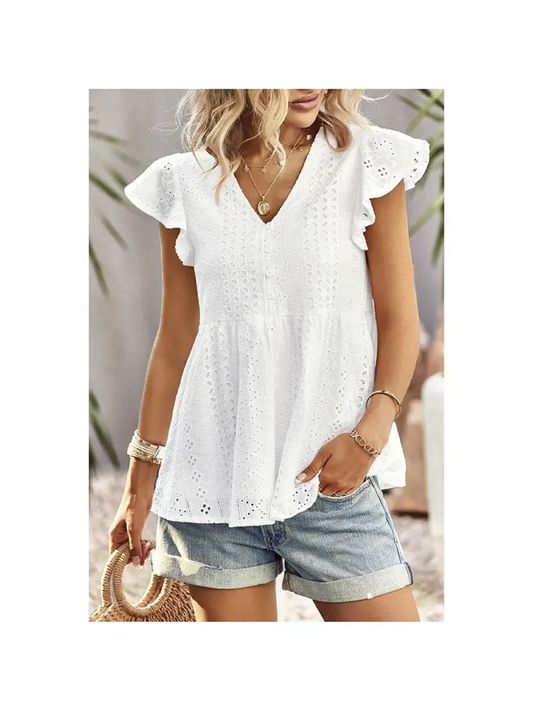 Ladies White Ruffled Hollow Out V Neck Trim Peplum Top