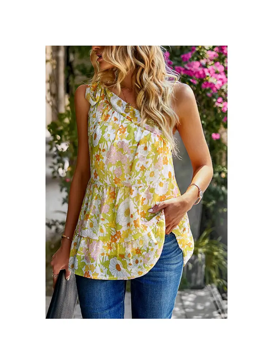 Yellow Floral One Shoulder Tiered Top