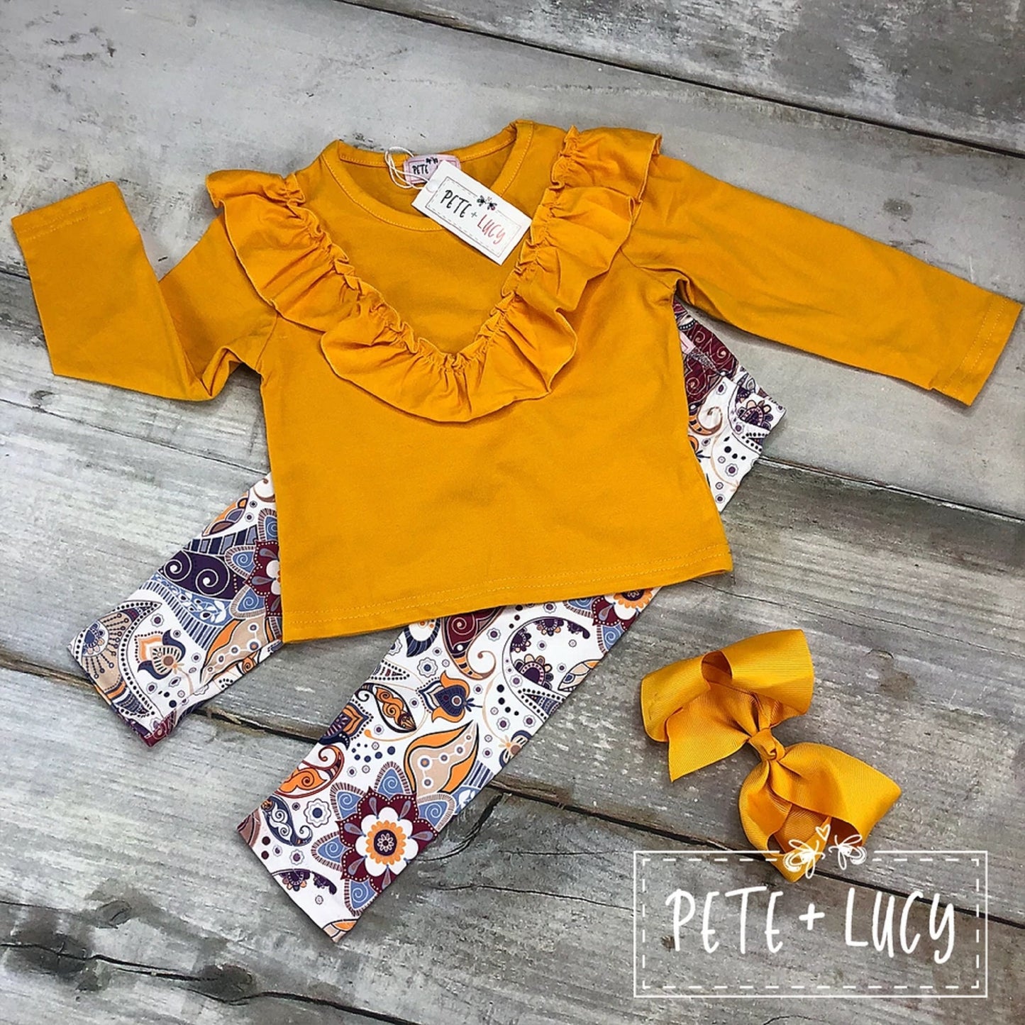 Pete + Lucy Mustard Yellow Paisley Pants Set Long Sleeve 6-12 Months