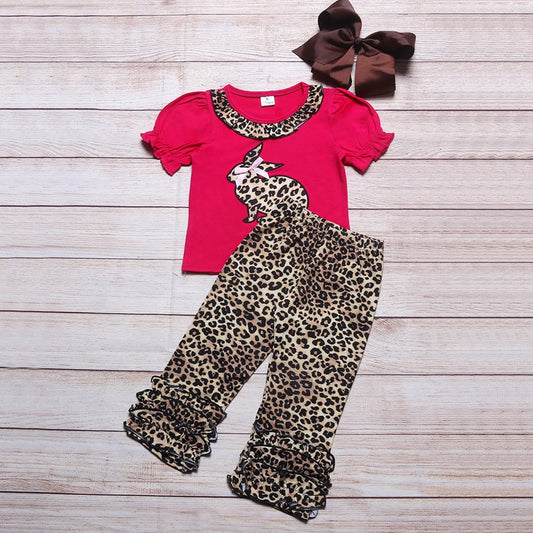 Easter Bunny Cheetah on Pink Shirt With Cheetah Ruffle Bottoms