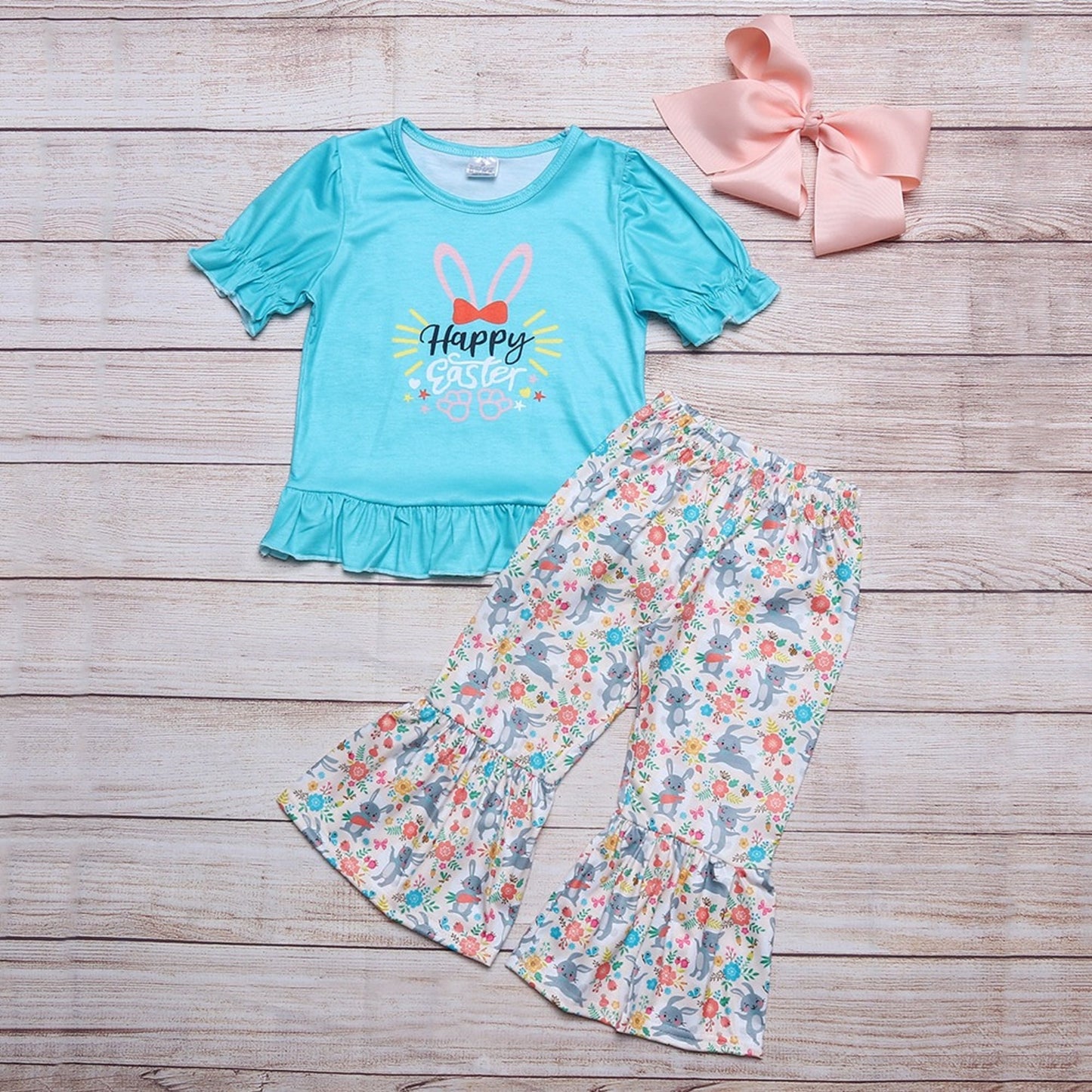 Happy Easter Turquoise Top with Floral Bunny Bell Bottom Set