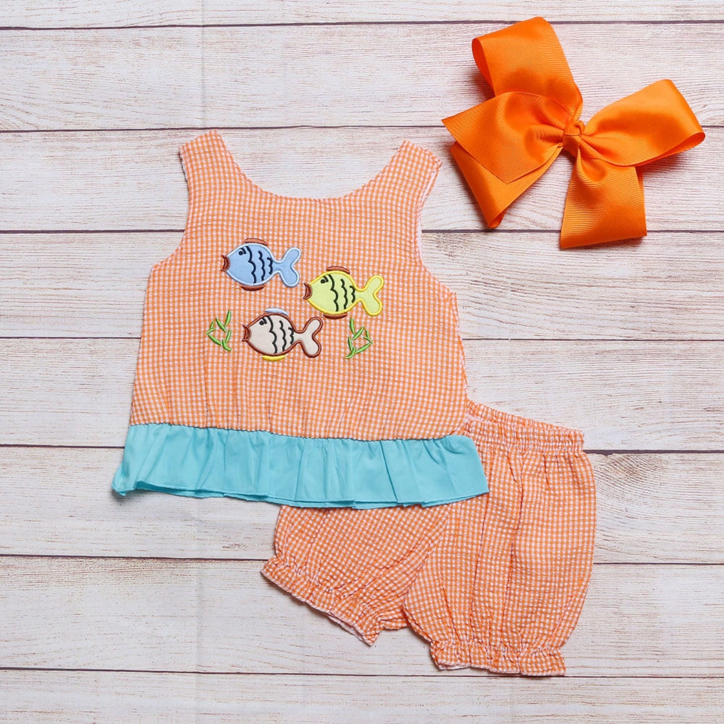 Girls Sleeveless Fish Short Set Orange Gingham