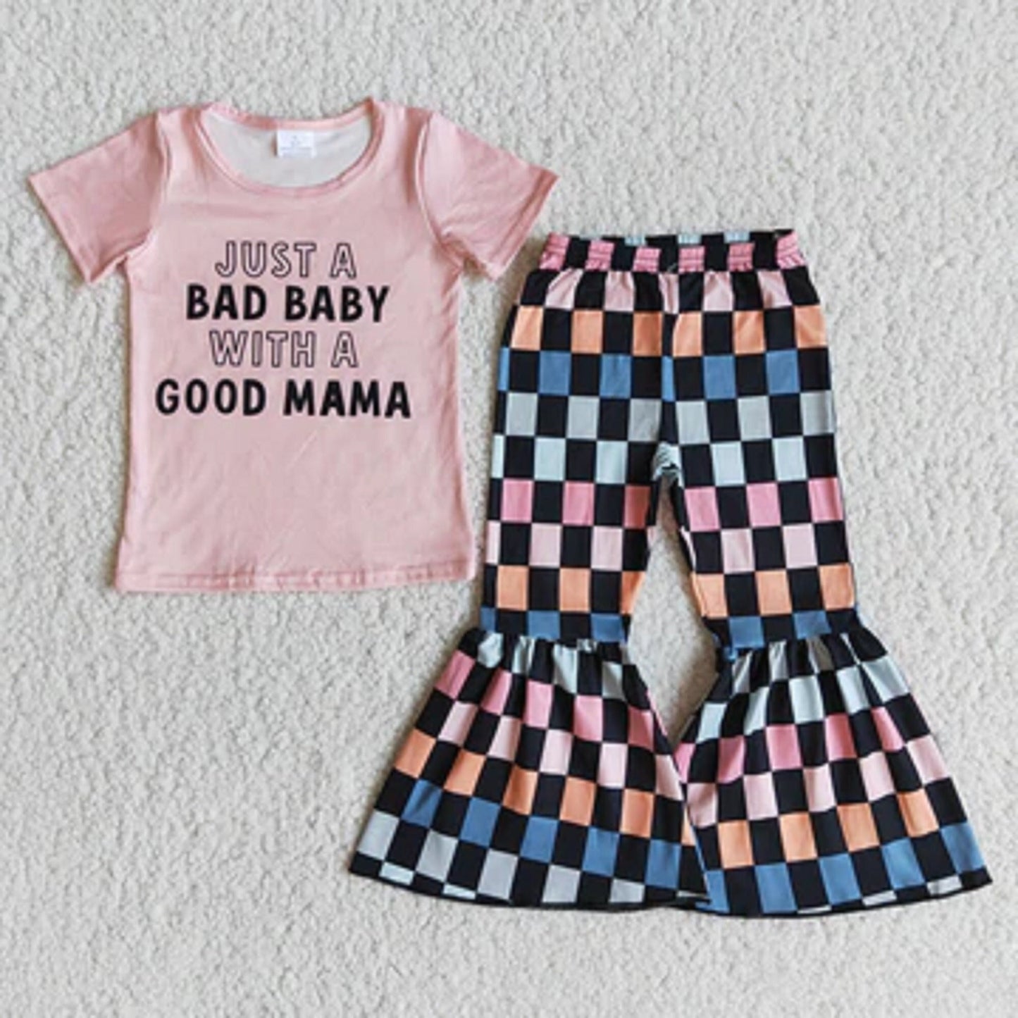 Just a Bad Baby with a Good Mama Checkered Bell Bottom Pants Set