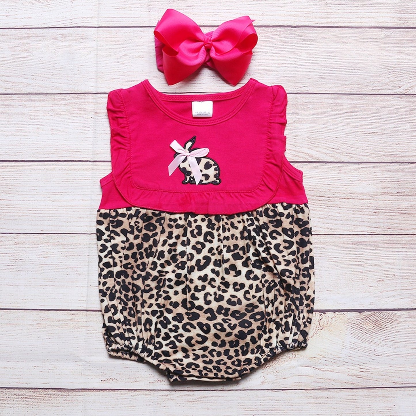 Easter Bunny Hot Pink Romper With Cheeta Print Accents