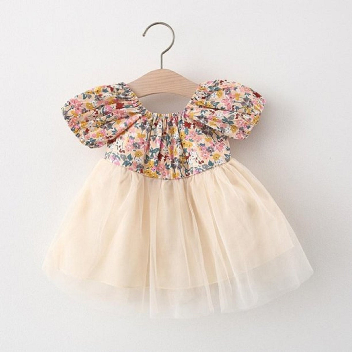 Baby Girl Beige Floral Bow Mesh Floral Dress