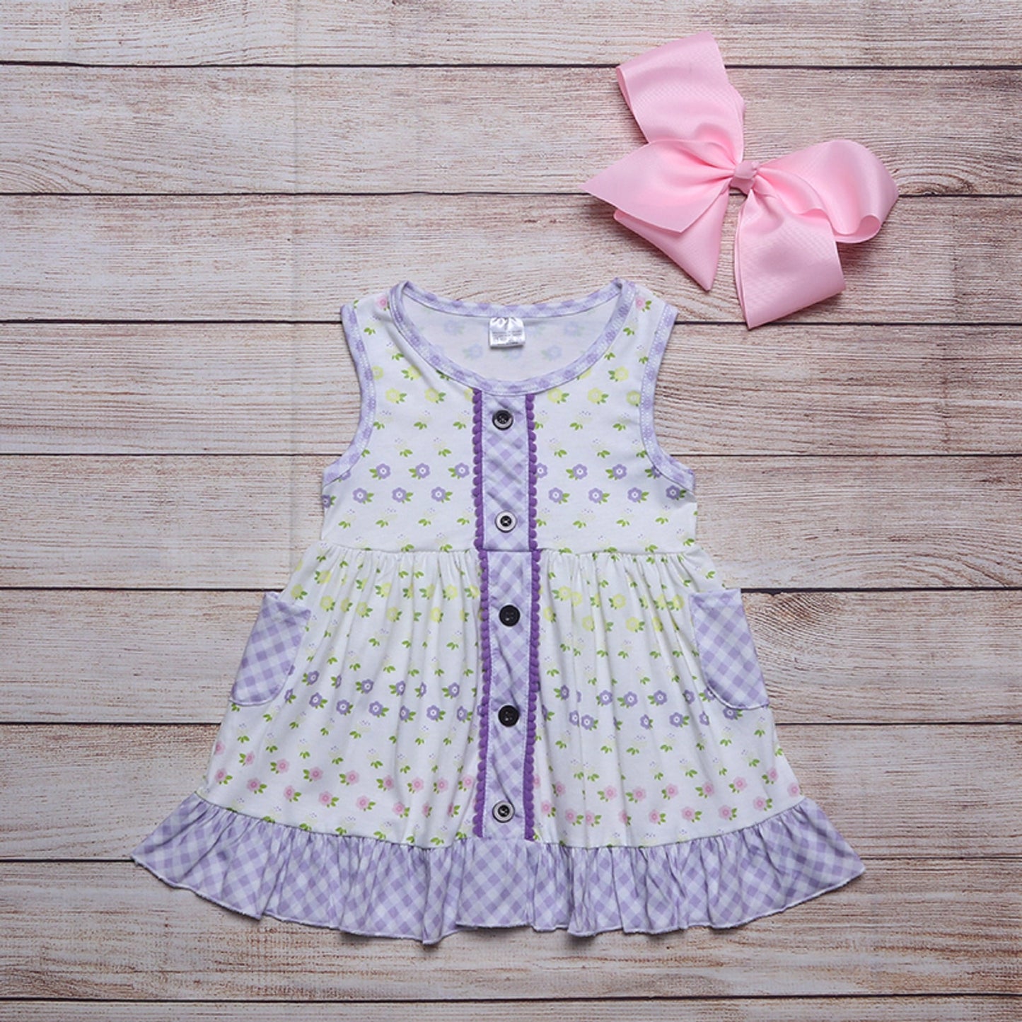 Purple Gingham Flowers Short Sleeve Dress