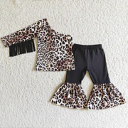 Girls Leopard Off the Shoulder Fringe Shirt and Bell Bottom Set