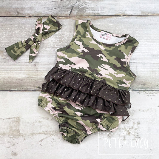 Pete + Lucy Camo Cuties Short Sleeve Girls Romper