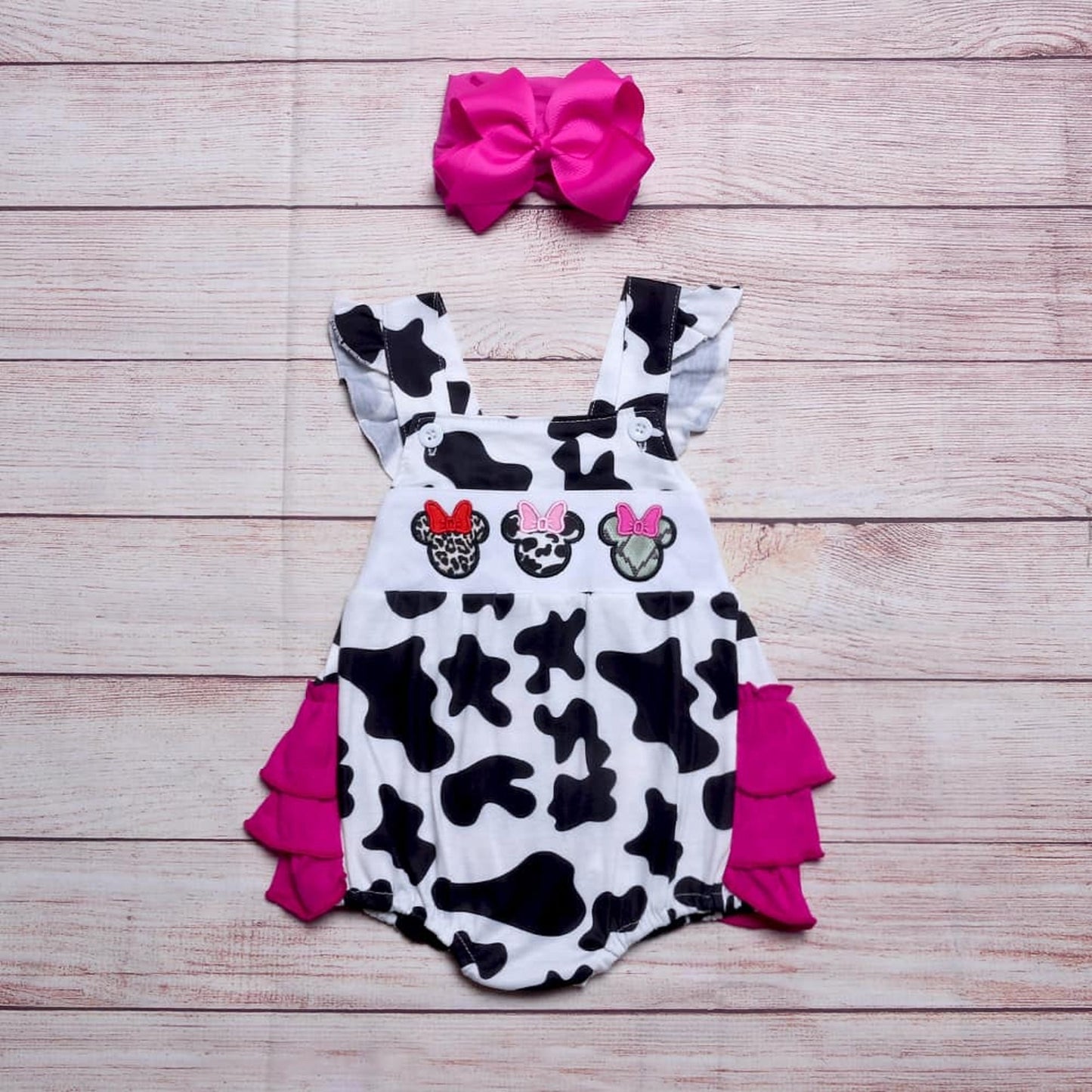 Girls Girl Mouse Cow Print with Hot Pink Ruffle Romper