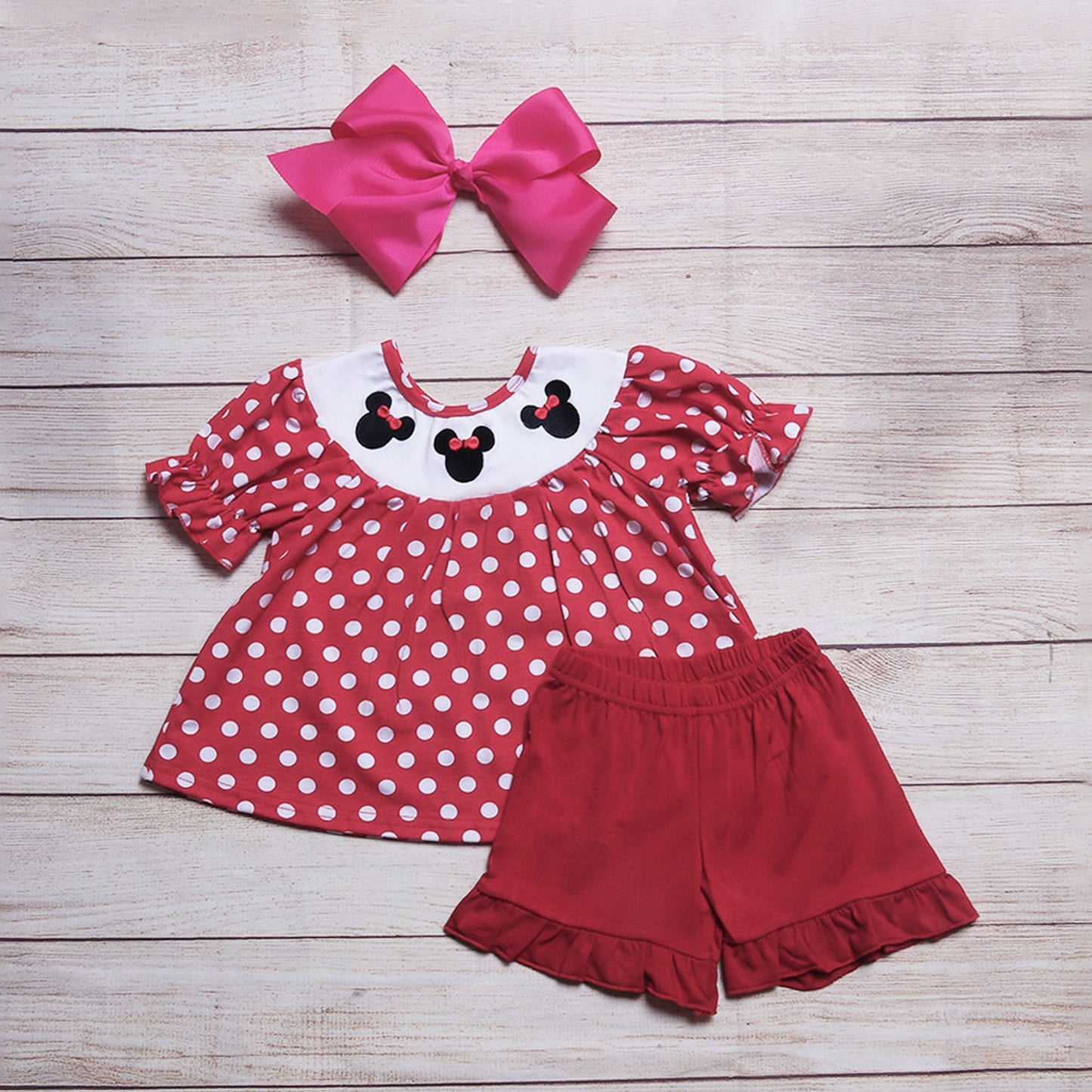 Girls Red Polka Dot Girl Mouse Top with Red Ruffle Shorts