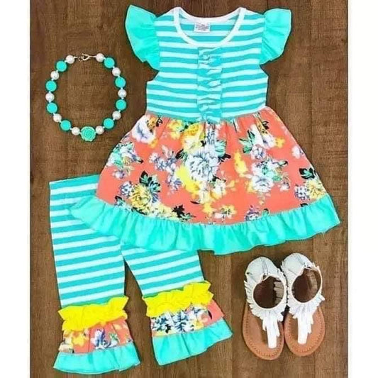 Girls Two Piece Floral and Stripe Capri Set