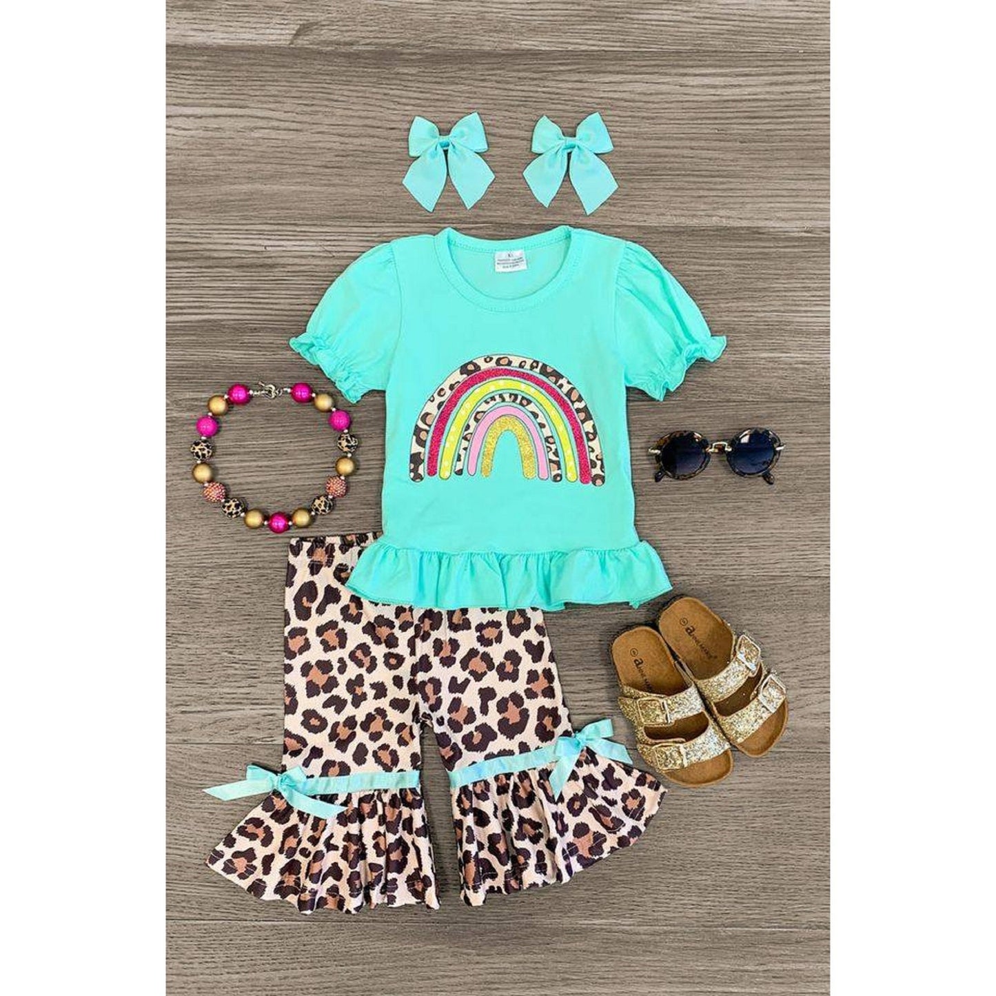 Turquoise Rainbow Shirt With Leopard Capri Shorts/Capris