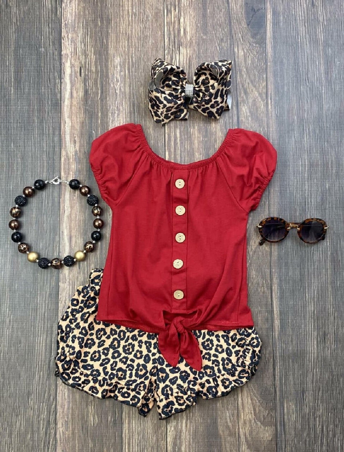 Sleeveless Red Tie Top with Ruffle Leopard Shorts