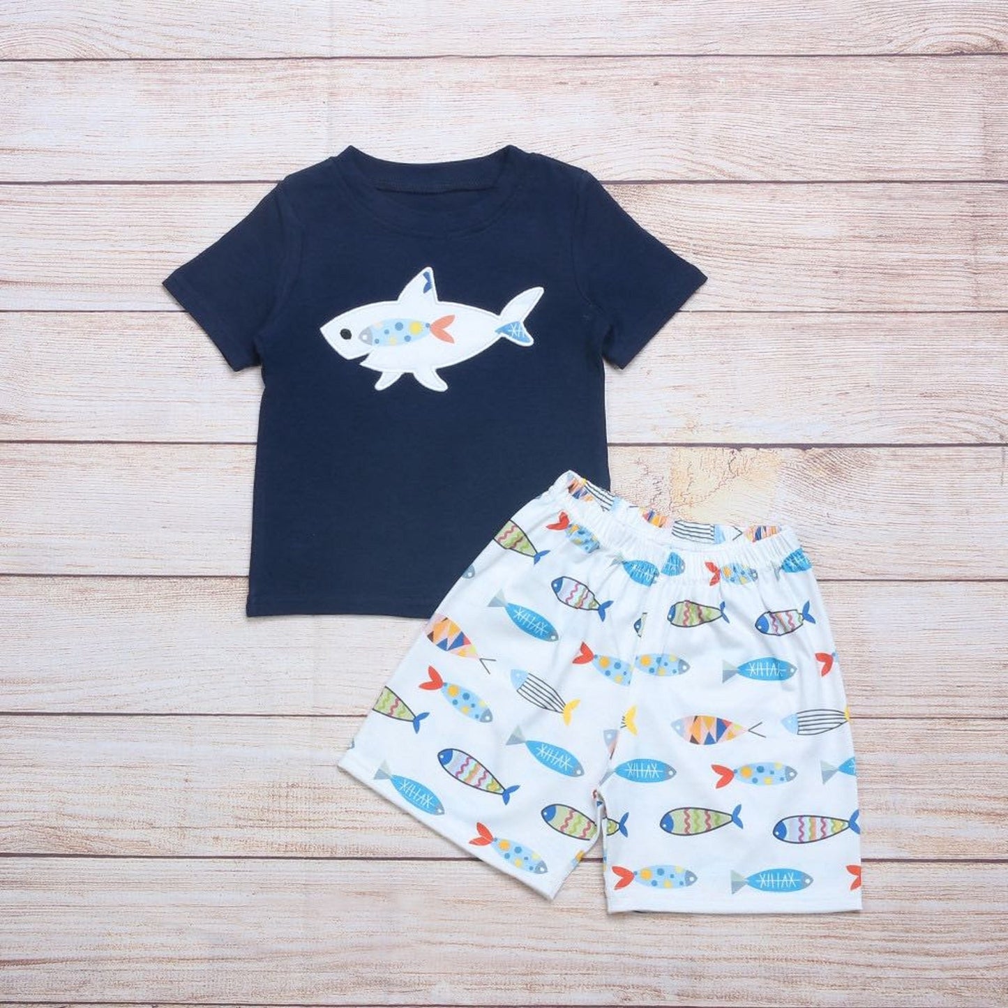 Navy Blue Short sleeve Shark Short Set