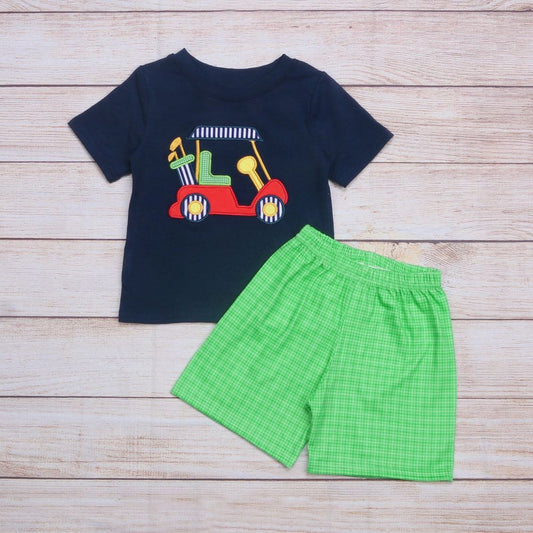 Navy Short Sleeve Shirt with Golf Cart with Green Shorts