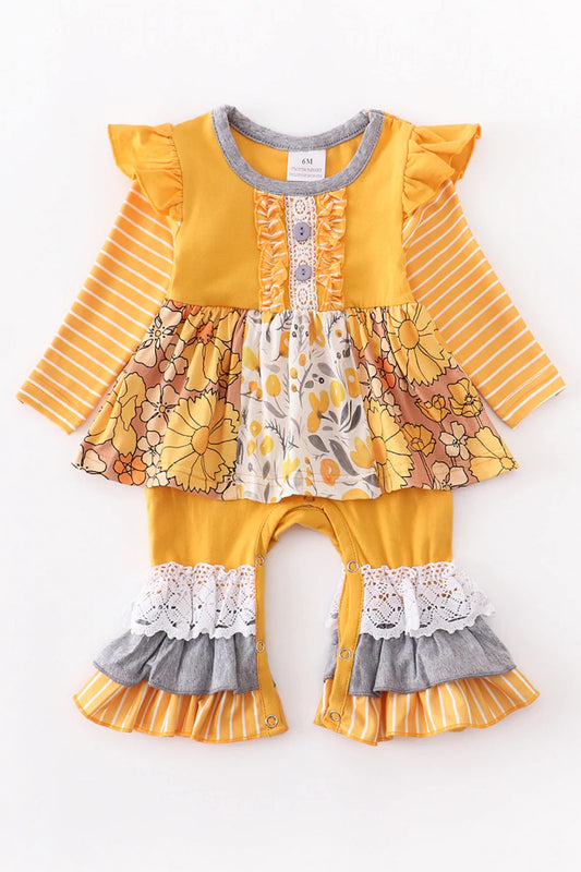 Girls Mustard Floral Ruffle Romper