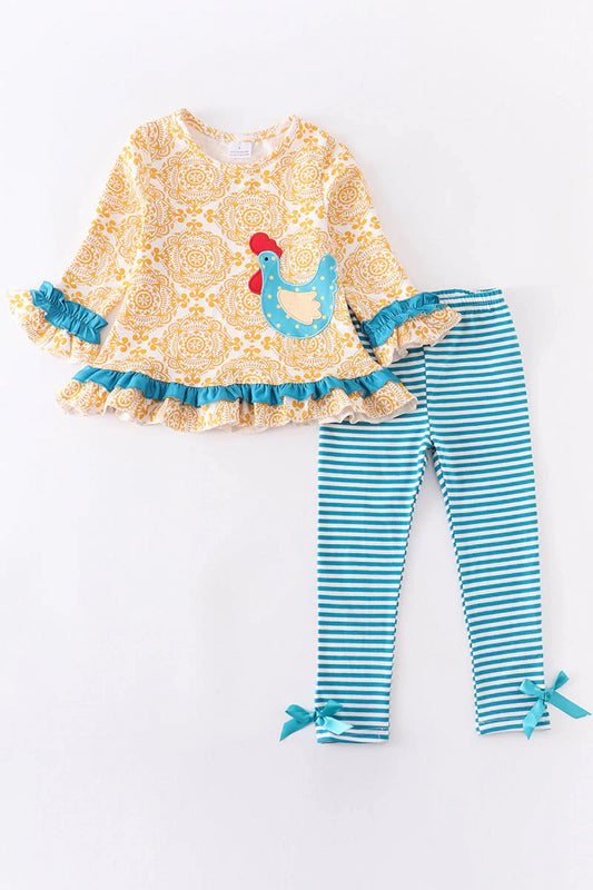 Yellow Patterned Top with Applique Rooster with Teal & White Striped Pant Set