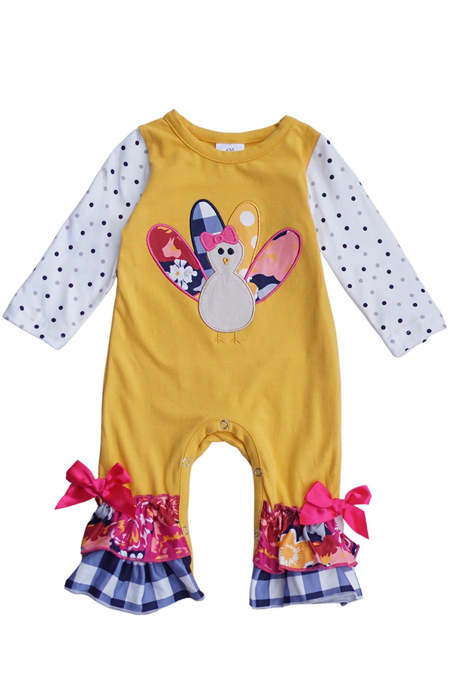 Mustard Long Sleeve Romper with Applique Turkey