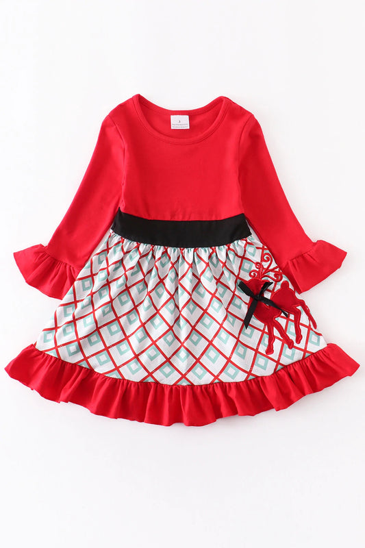 Girls Long Sleeve Red Dress with Reindeer Applique