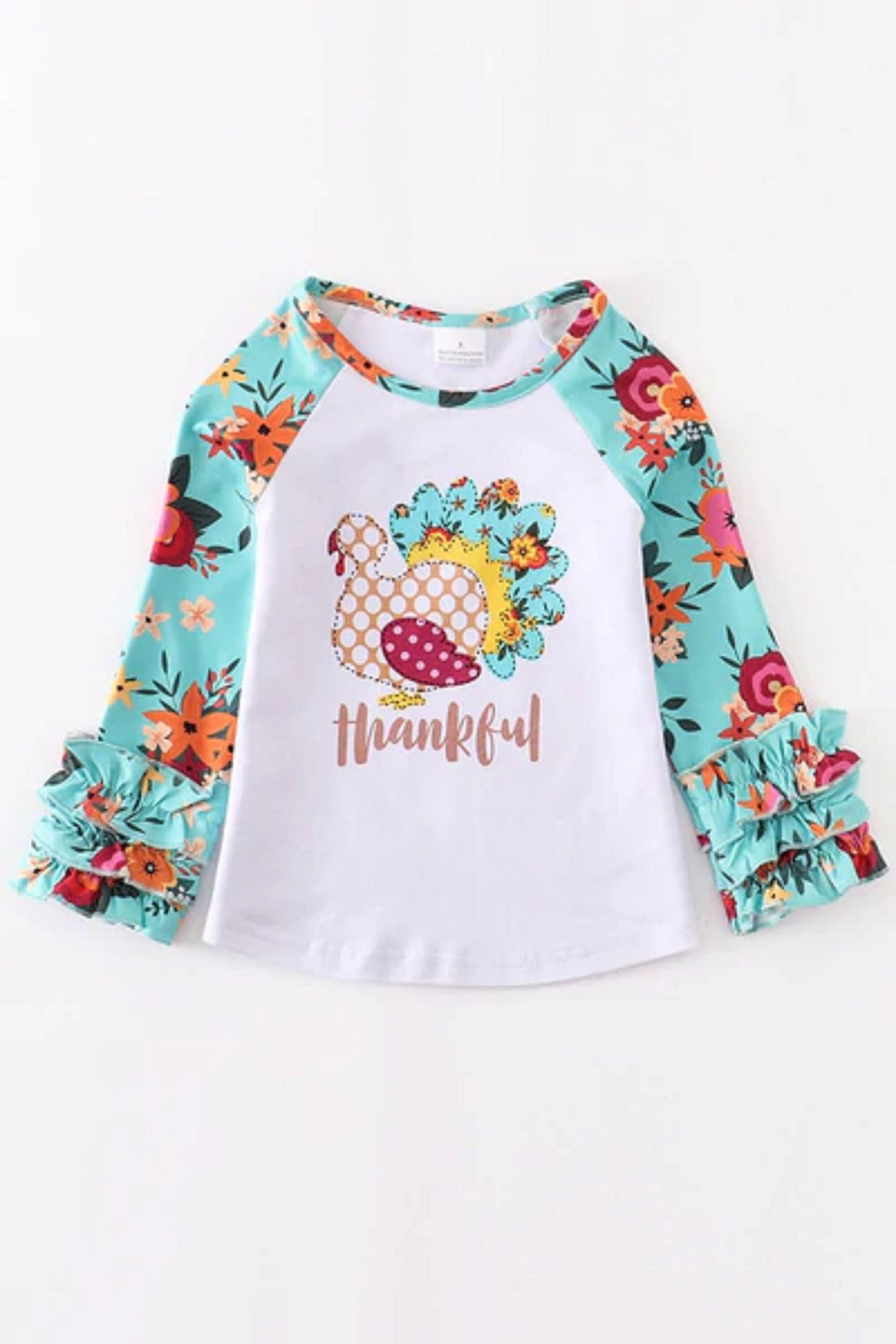 Floral Turkey Ruffle Reglan Long Sleeve Shirt