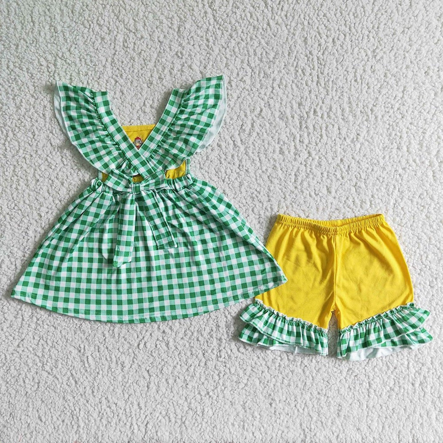 Green Gingham & Yellow Tractor Short Set