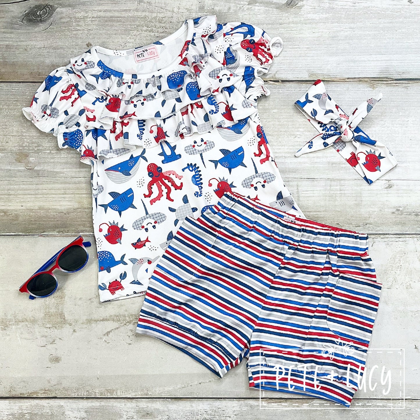 Pete + Lucy Summer Sea Life Girl's Short Sleeve Short Set 2 Piece