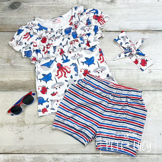 Pete + Lucy Summer Sea Life Girl's Short Sleeve Short Set 2 Piece