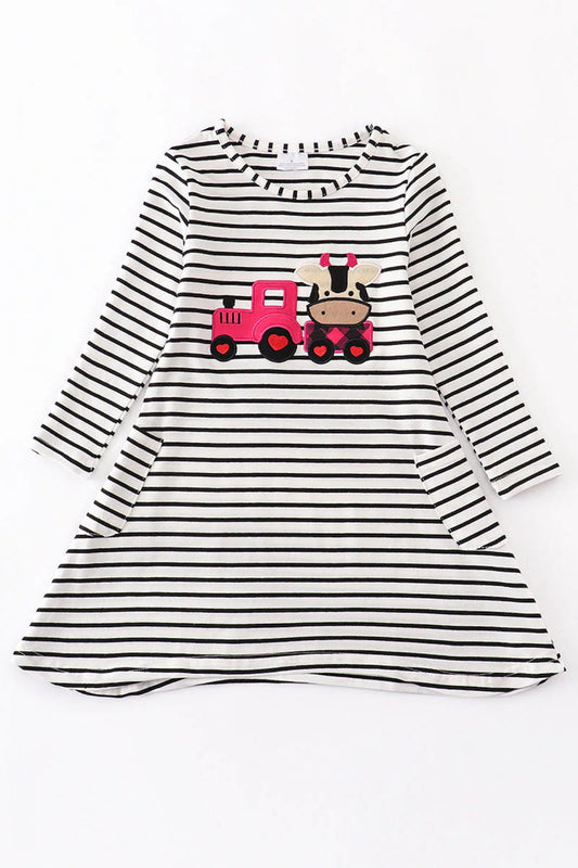 Girls Cow on a Train Striped Heart Dress