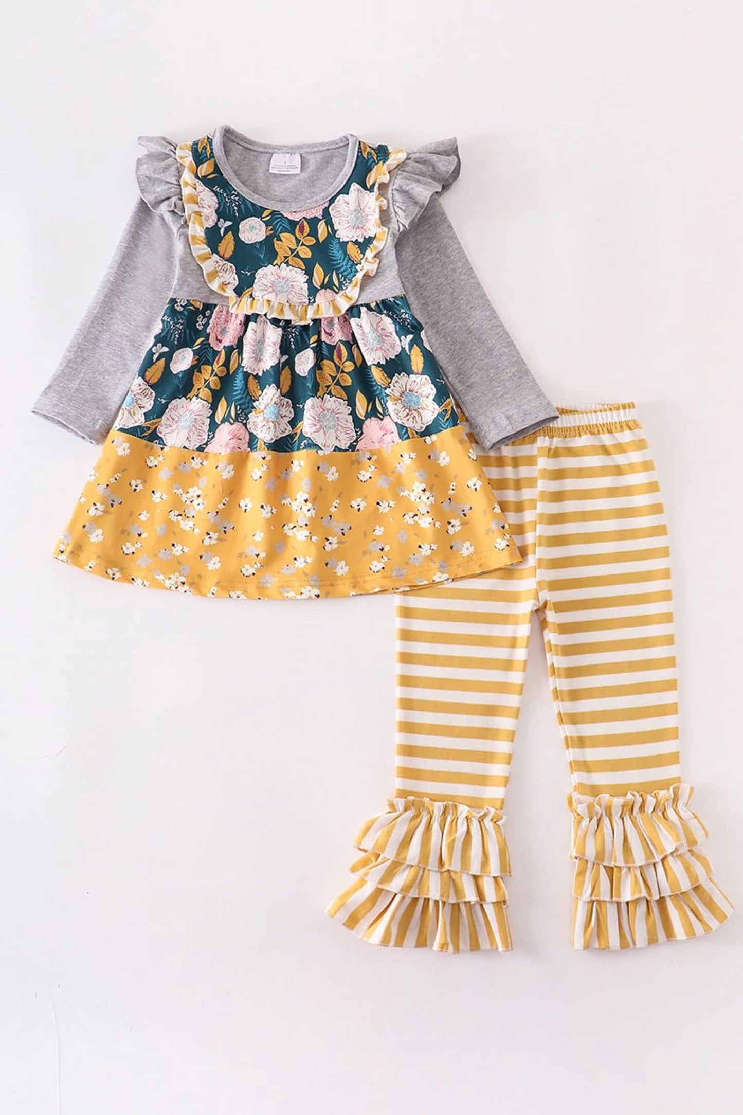 Girls Grey & Mustard Floral Ruffle Pants Set