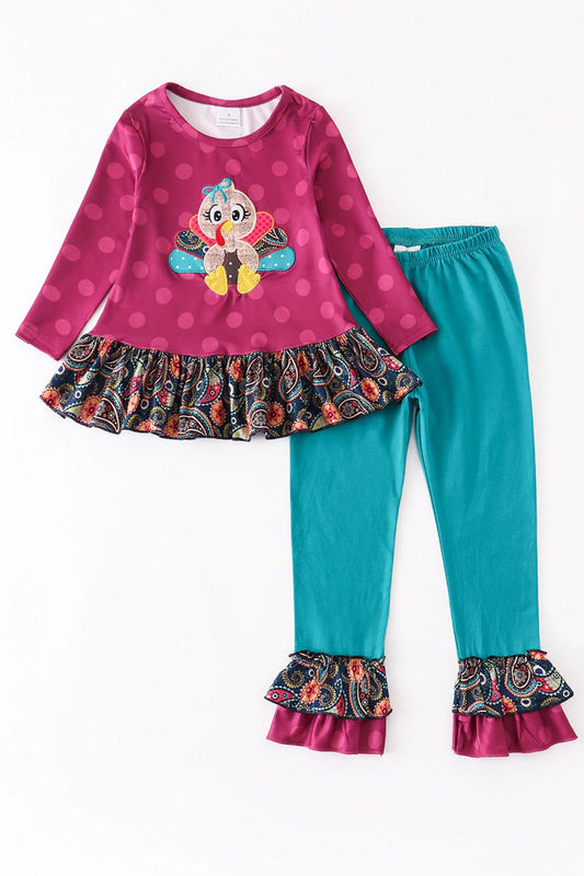 Plum Polka Dot Turkey Applique with Ruffle Pants Set