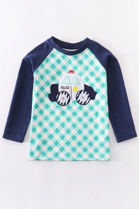 Green Plaid Police Car Reglan Shirt