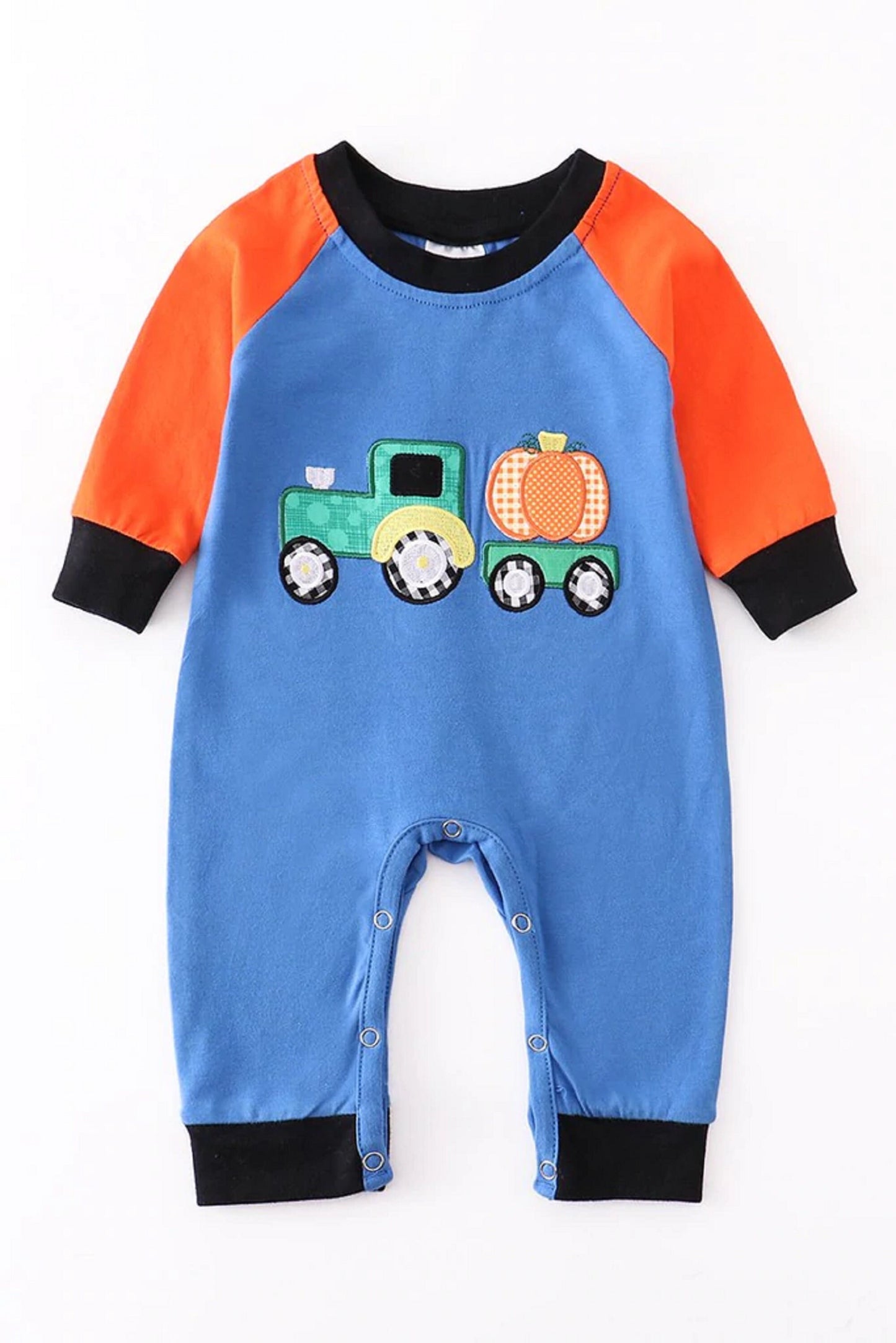 Long Sleeve Blue Romper with Tractor and Pumpkins