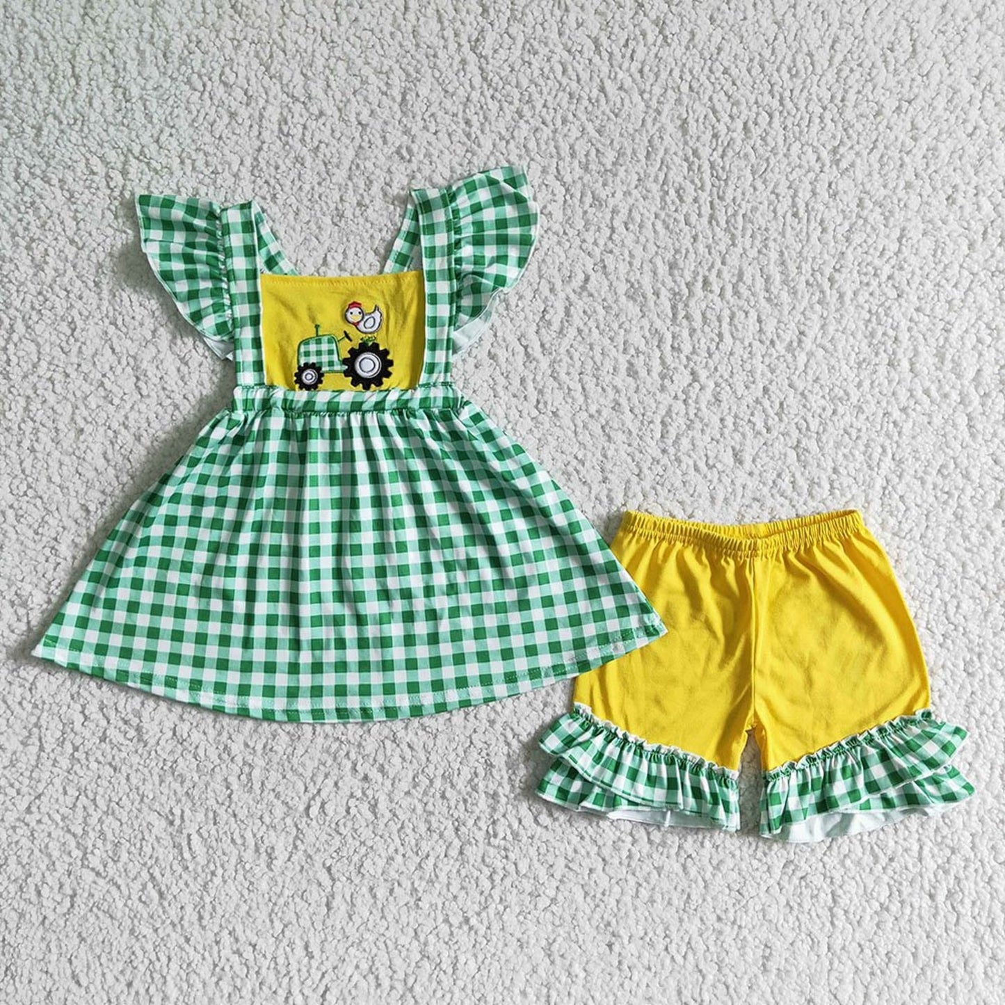 Green Gingham & Yellow Tractor Short Set