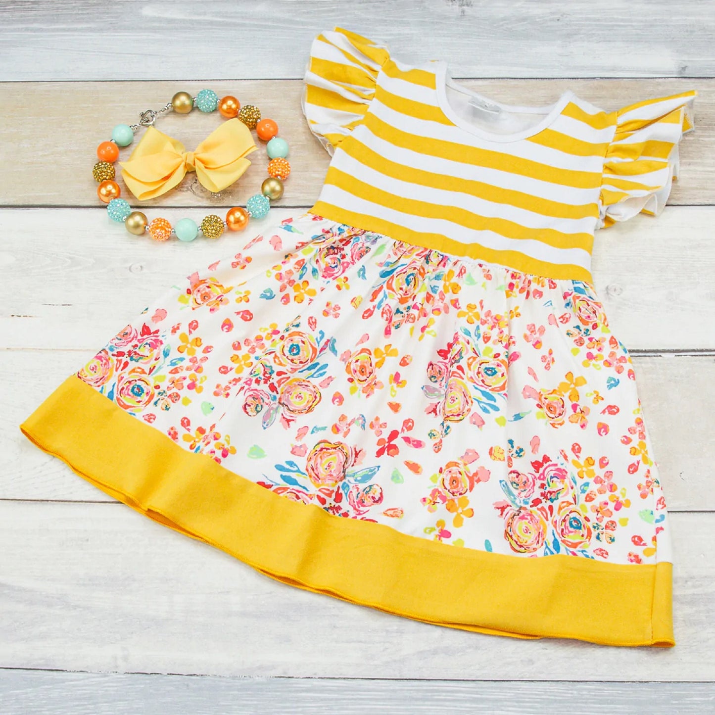 Short Sleeve Yellow Striped Dress with Flowers