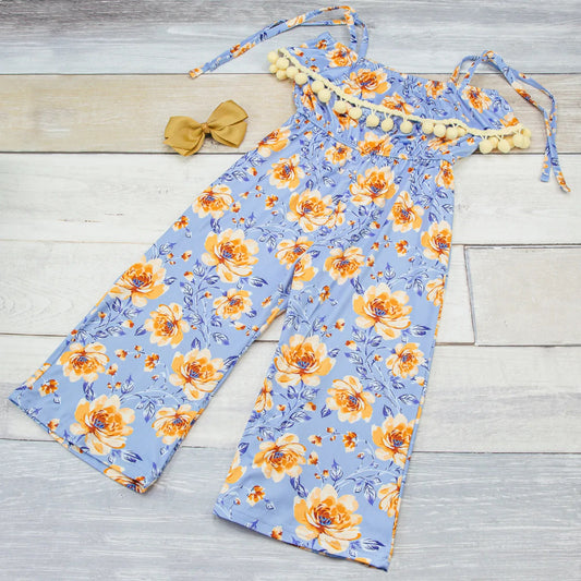 Yellow Floral Blue Romper with Yellow Pom Poms