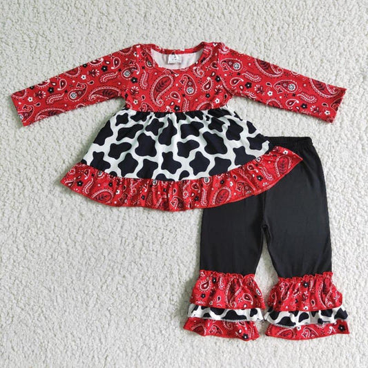 Red Western Bandana Print with Cow Print Pant Set