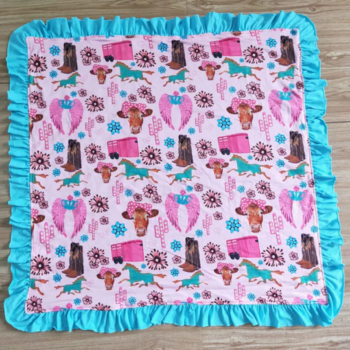 Turquoise & Pink Western Themed Minky Blanket