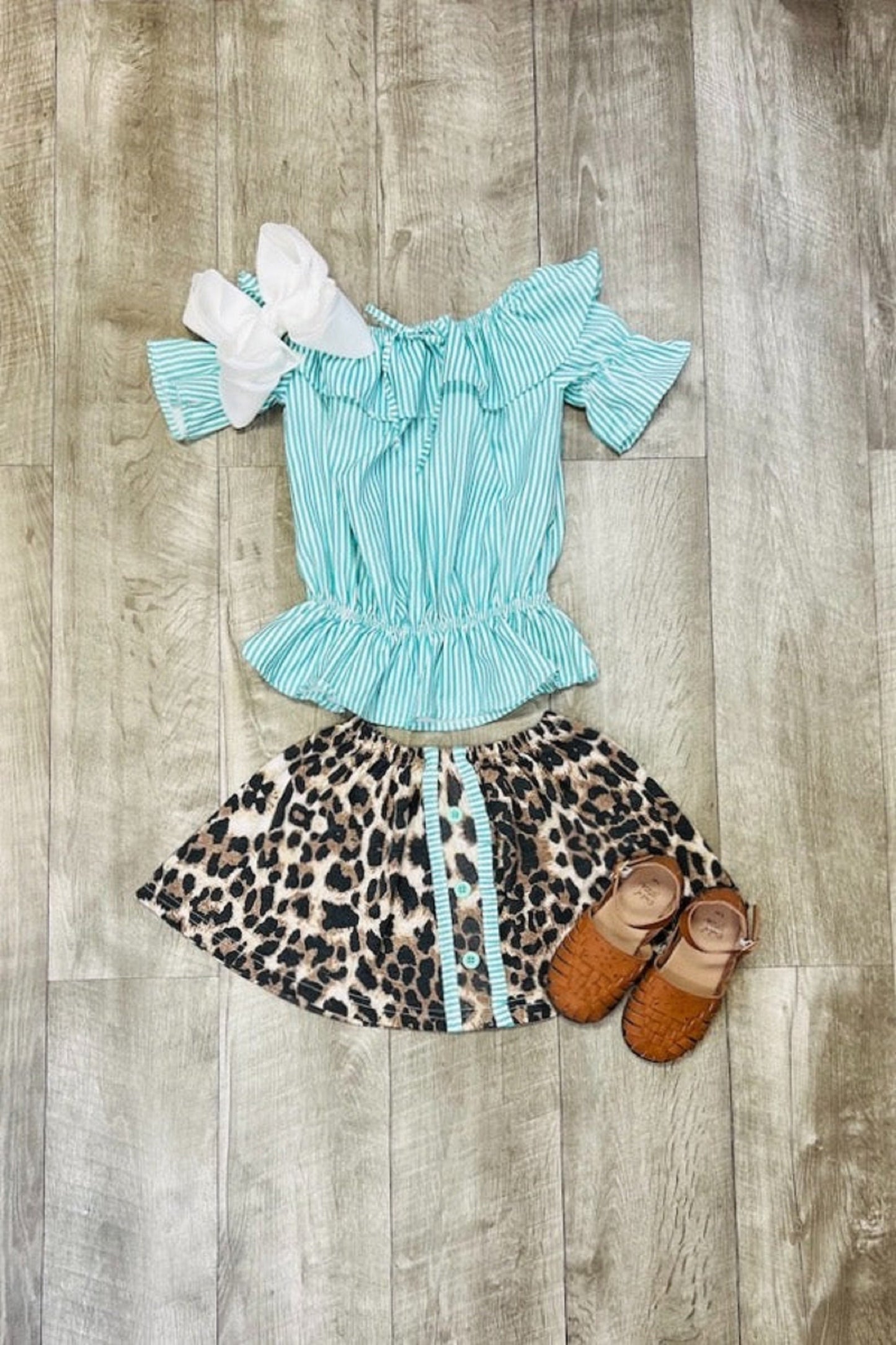 Aqua Stripe & Leopard Skirt Set