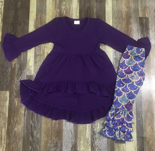 Mermaid Print Bottoms with Purple High Low Ruffle Top