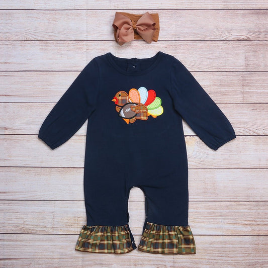 Girls Turkey With Football Long Sleeve Romper