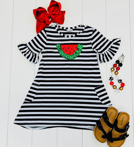 Girls Watermelon Striped Short Sleeve Dress