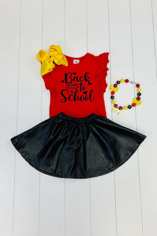 Back to School Short Sleeve Red Shirt with Faux Leather Skirt