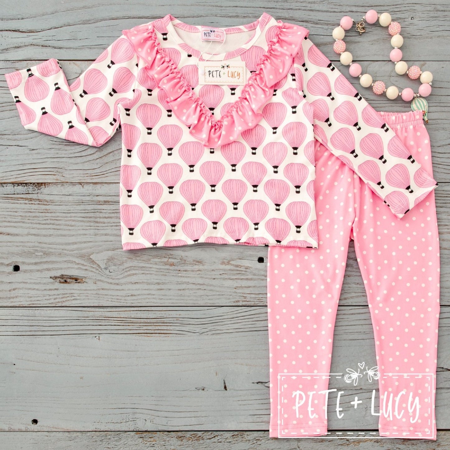 Pete + Lucy Pink Balloons Long Sleeve Pants Set