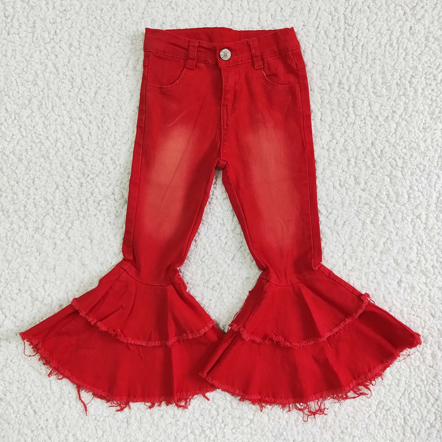 Girls Red Ruffle Bell Bottom Jeans