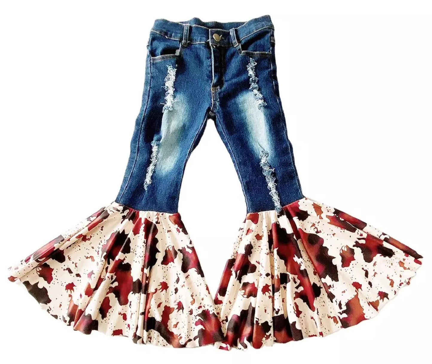 Denim Bell Bottoms with Cow Print Flare