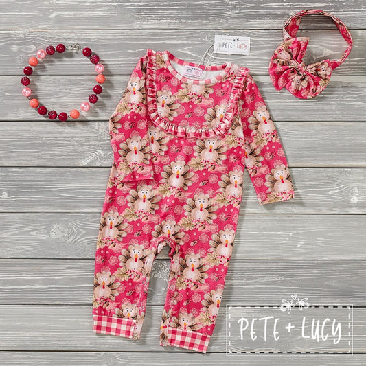 Pete + Lucy Turkeylicious Long Sleeve Girls Romper