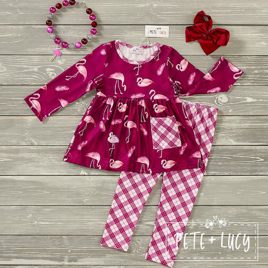 Pete + Lucy Plaid Flamingos Long Sleeve Pant Set