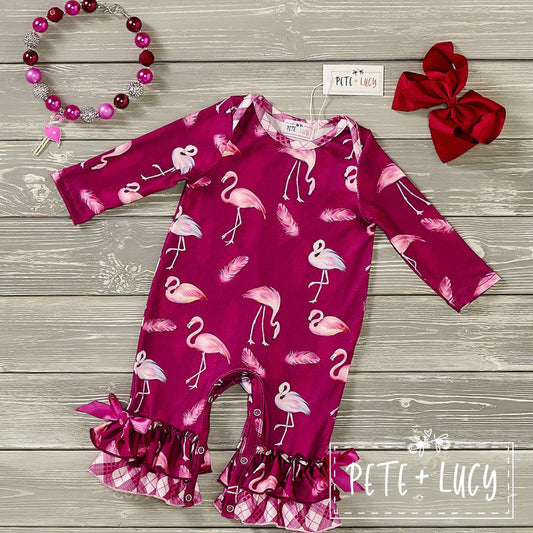 Pete + Lucy Plaid Flamingos Long Sleeve Romper