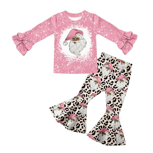 Christmas Pink Santa Leopard Bell Bottom Pants Set