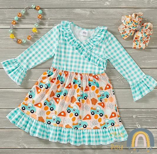 Okie & Lou Pumpkins In Mint Ruffle Dress